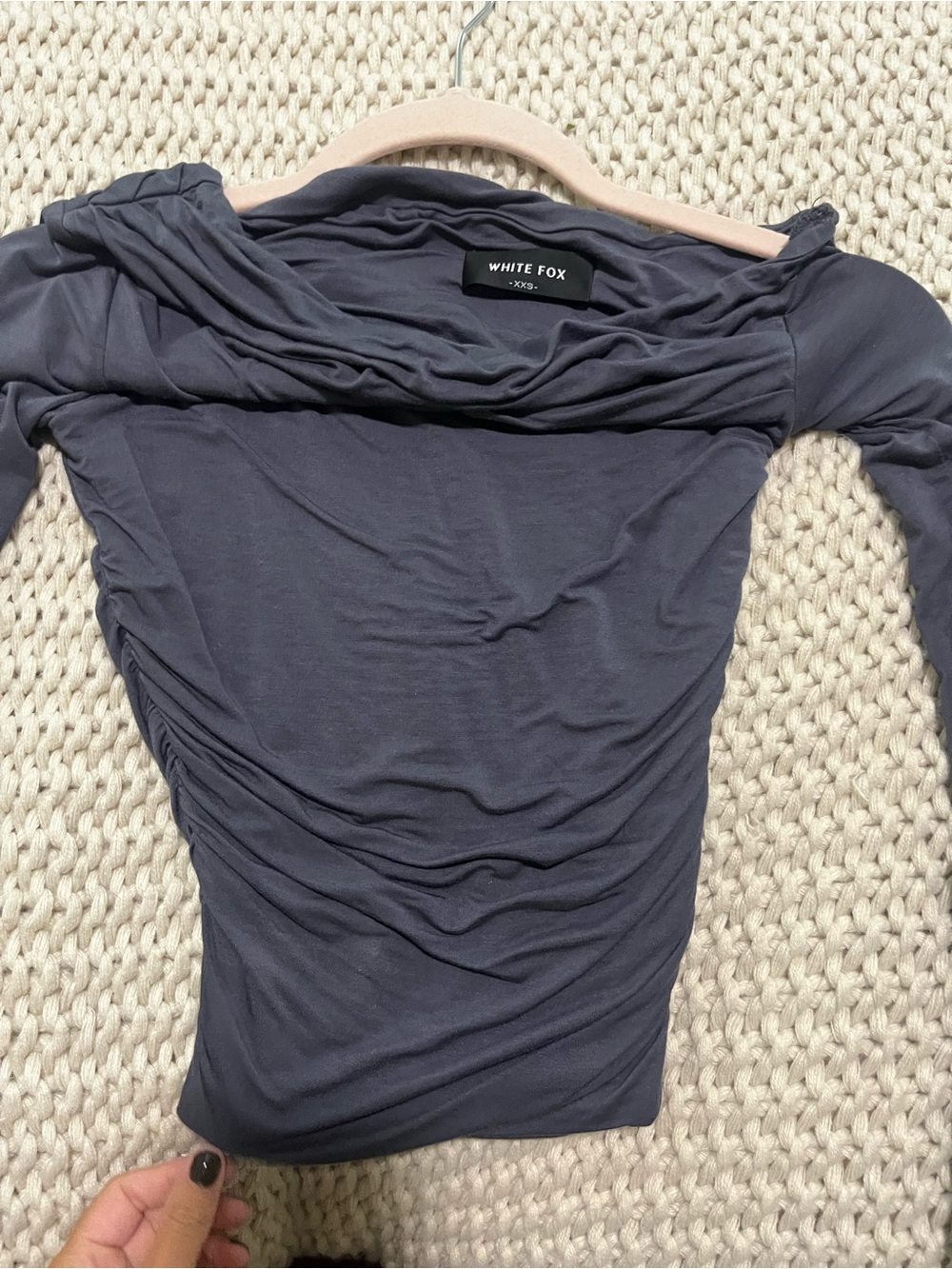 White Fox Off-Shoulder Ruched Top in Charcoal